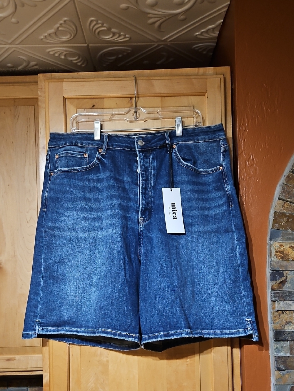 Mica Super High Bermuda Denim Jean Shorts High Rise Button Fly Distressed Blue
